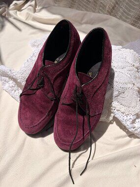 Vintage 90s Burgundy Suede Leather Oxford Shoes Women 7 Lace Up Moc Toe